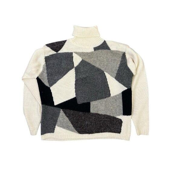 Vtg Sweater Turtleneck Colorblock Abstract Textured Wool Blend Sz S Boxy Preppy - Picture 1 of 9